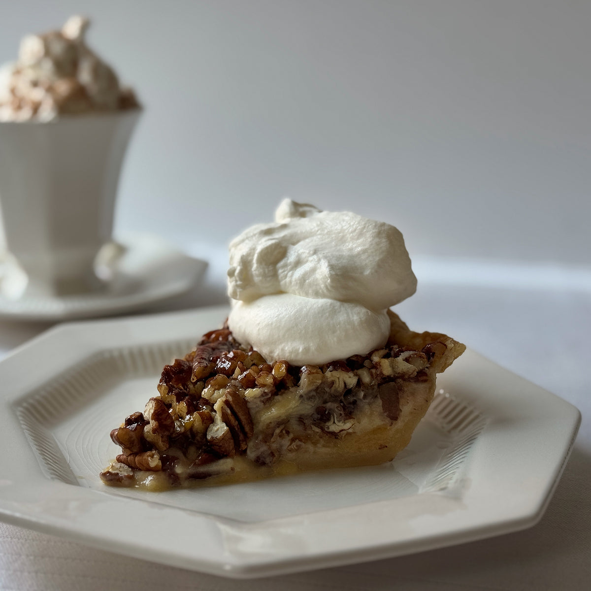 Slice of handmade pecan pie with soft custard and toasted pecans baked in Savannah, Georgia