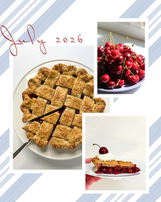 Collage of cherry pie images with bowl of fresh cherries on a blue strie striped background 'July 2026' 