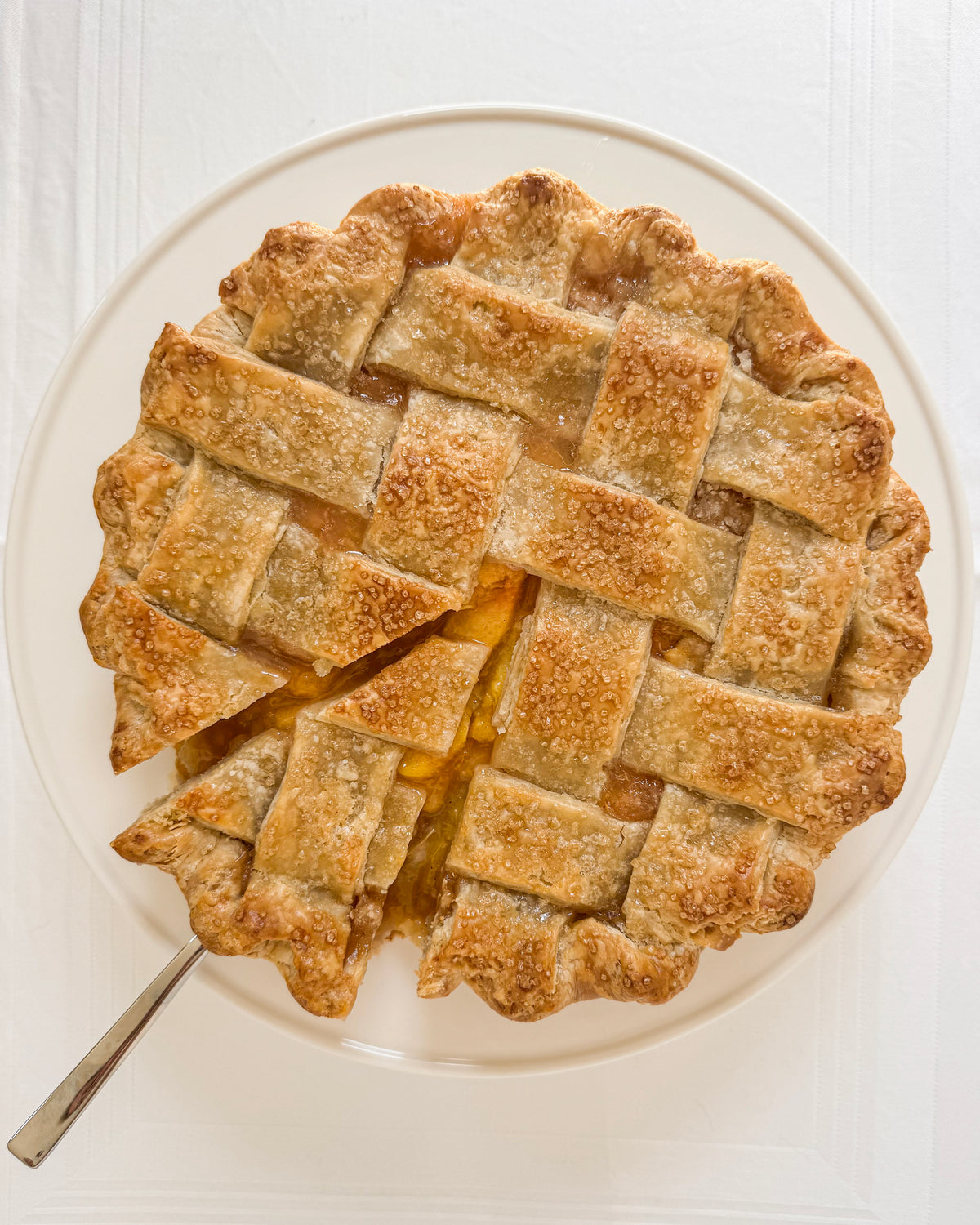 Fresh Peach Pie with lattice crust made from local peaches