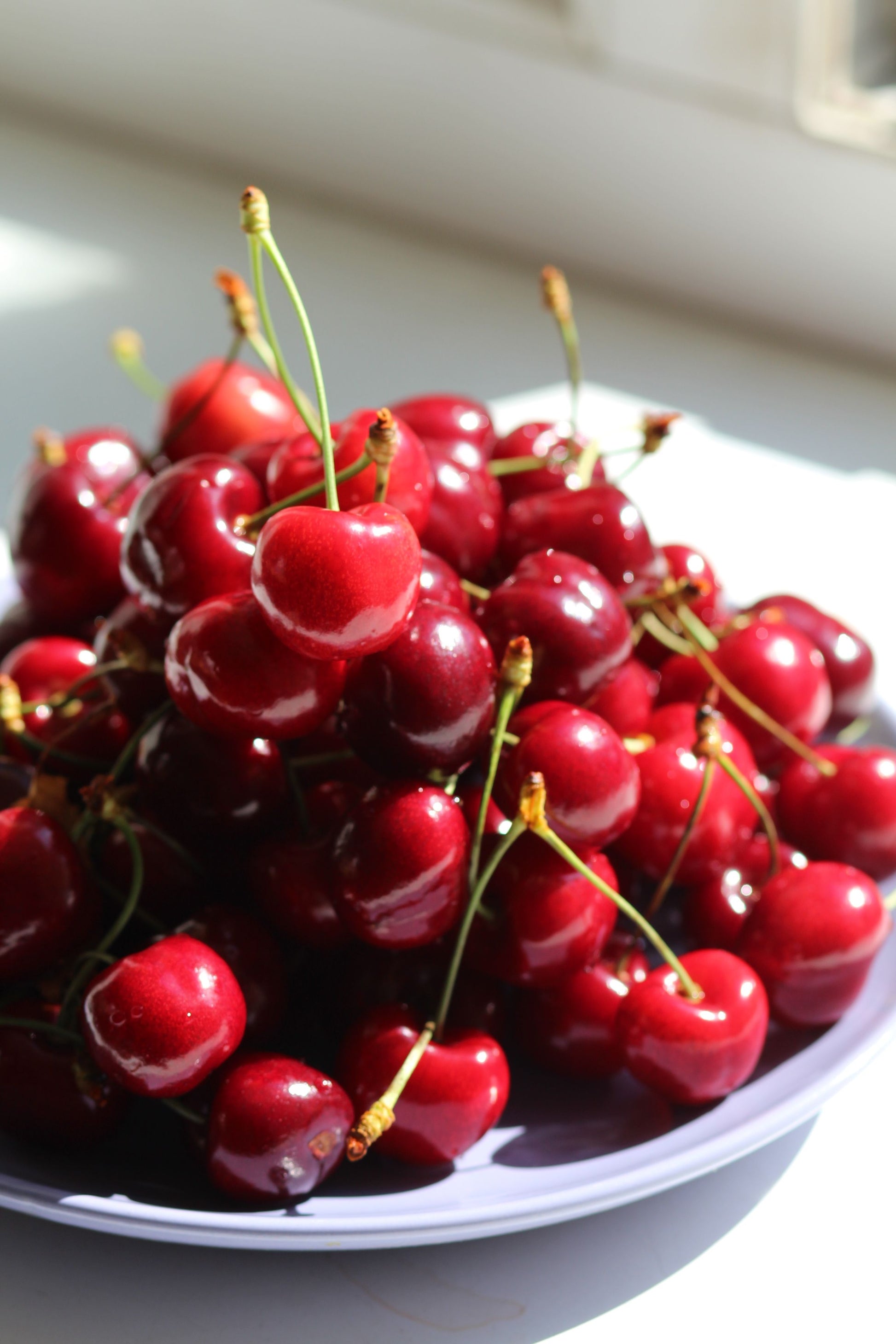 Bowl of cherries on a white surface