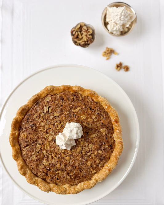 Brown butter walnut pie with dark chocolate ganache in an all butter crust